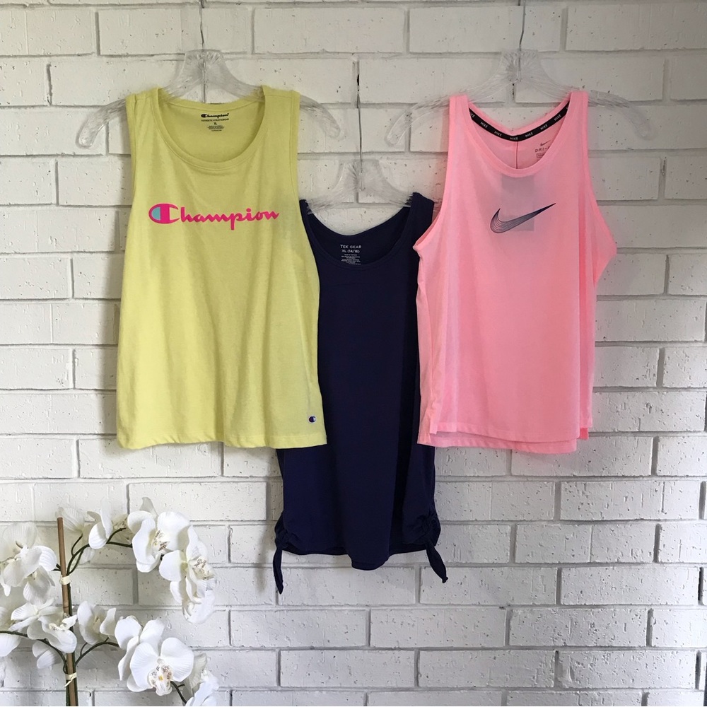 Girls Size XL Tank Top Bundle of 3 Nike Champion Tek Gear Yellow Pink Blue